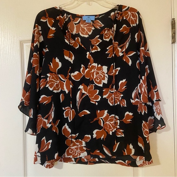 CeCe Black and Orange Floral Blouse - Picture 1 of 9